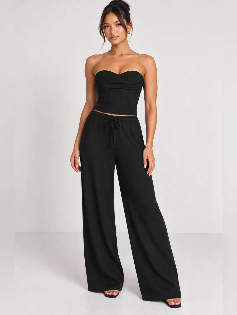 ZARA Matching Textured Bandeau Top/Textured Wide Leg Drawstring Pants- Size M